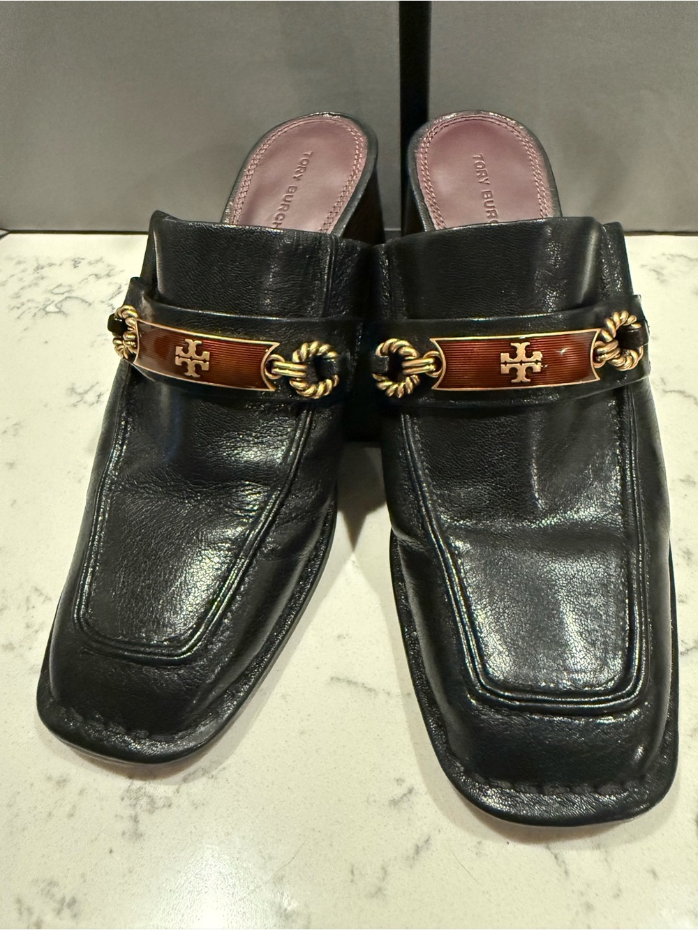 Tory Burch Black Leather Mule with Gold-Tone Logo Plaque